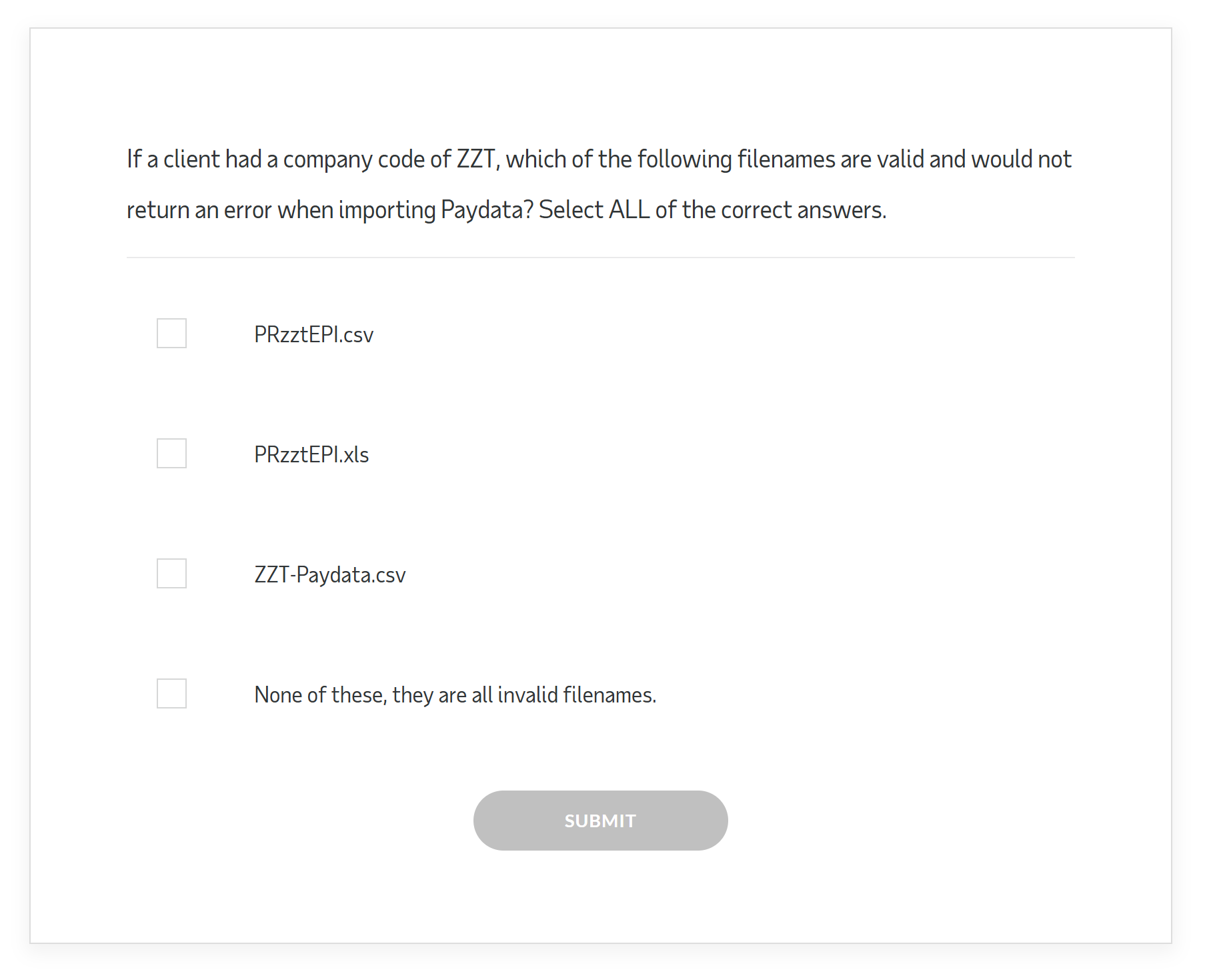 Knowledge check screen from the ADP troubleshooting course asking learners to interpret import guidance and choose valid answers.